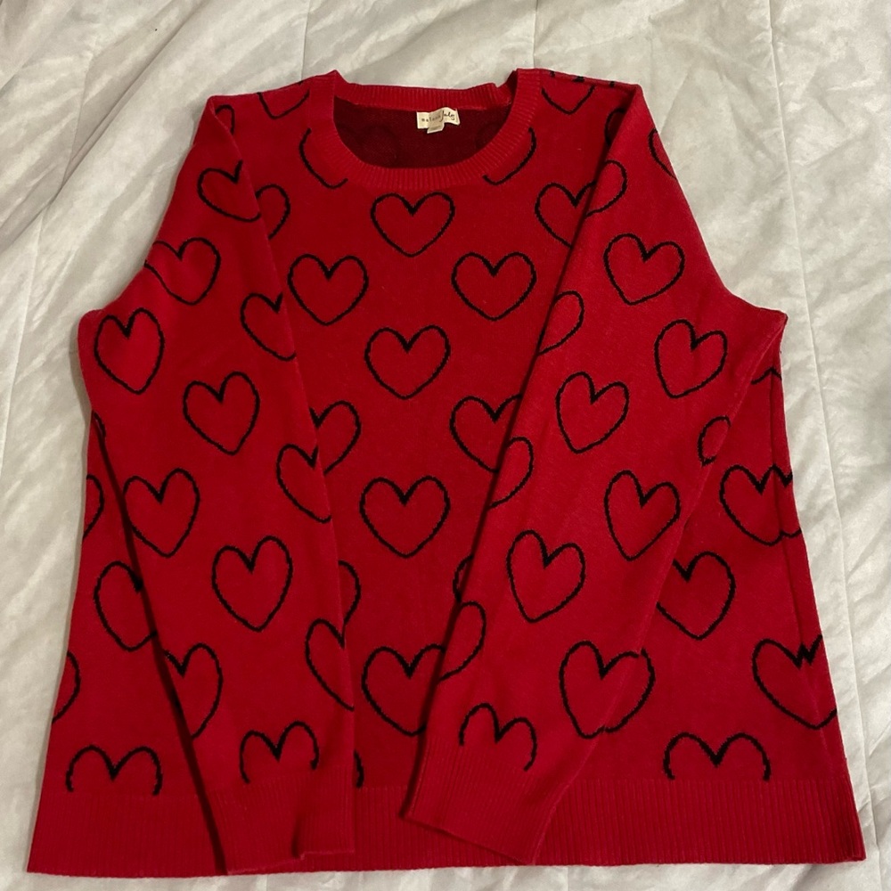 Maison Jules crew neck sweater dark red with black hearts XXL pp 24” L 28”